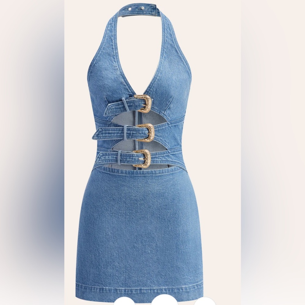 Commense Light Blue Denim Halter Mini Dress with Buckle Details